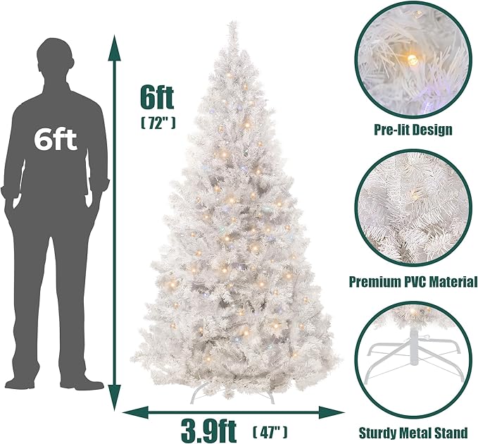 Annecy 6ft Pre-Lit Christmas Tree, White Artificial Full Spruce Christmas Tree for Home, Office, Party Decoration w/ 970 Branch Tips, 250 Warm White & Multi-Color Lights, Metal Hinges & Base,White 6ft