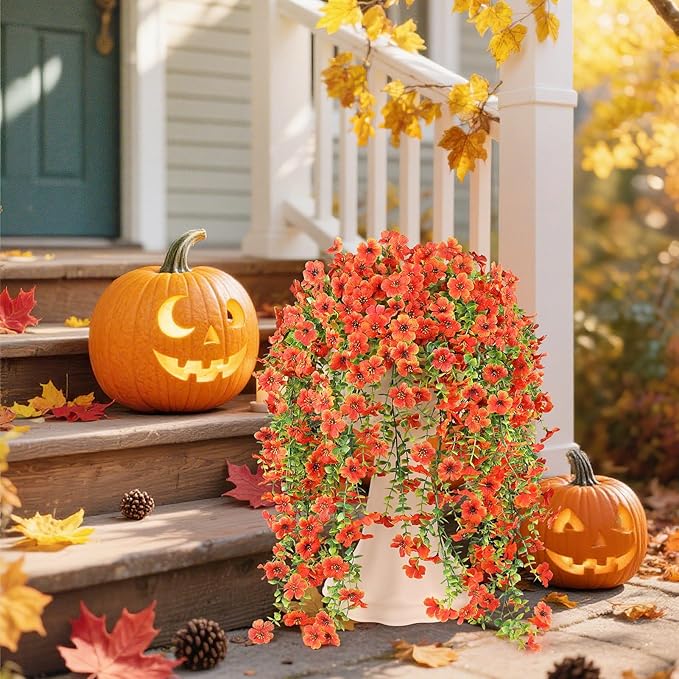 6 Bundles Artificial Fall Flowers for Outdoors Fake Plants Garden Home Fall Decor,UV Resistant Realistic Silk Faux Autumn Flower Indoor Outside Front Porch Patio Balcony Yard Farmhouse(Orange)