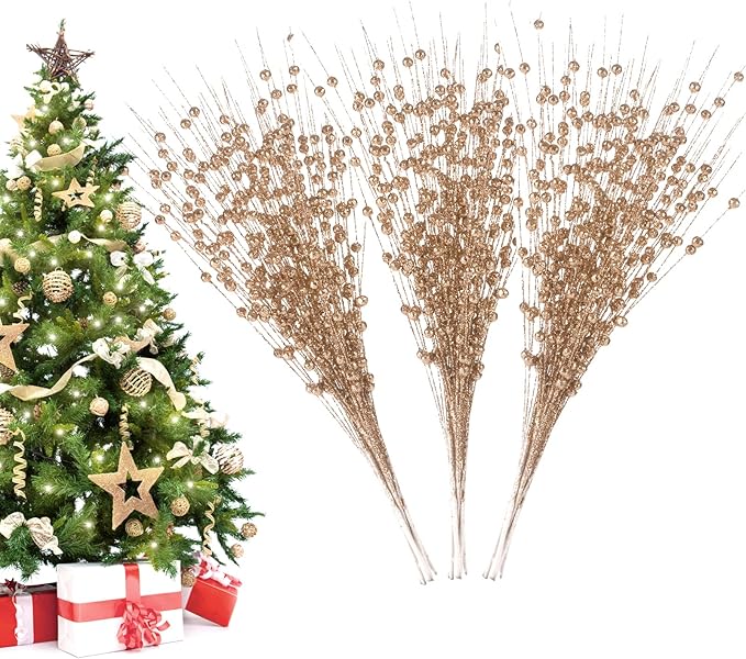 Christmas Artificial Glitter Berry Stem Decorations Decorative Bead Sticks Xmas Picks Glittery Twigs Branches for Christmas Tree Wreath Gift Vase Decor Party Ornaments Champagne 24 PCS