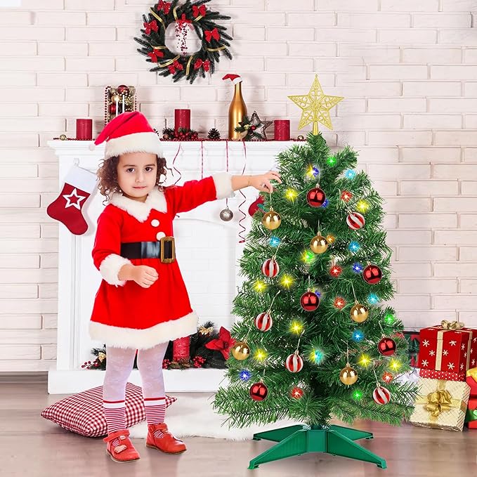 3FT Green Christmas Tree Tinsel with 50 Warm White & Multi Color Fariy Light 3D Star 15 Ball Ornament, 12 Light Modes Timer Battery Operated Small Artificial Full Xmas Tree Table Indoor Holiday Decor