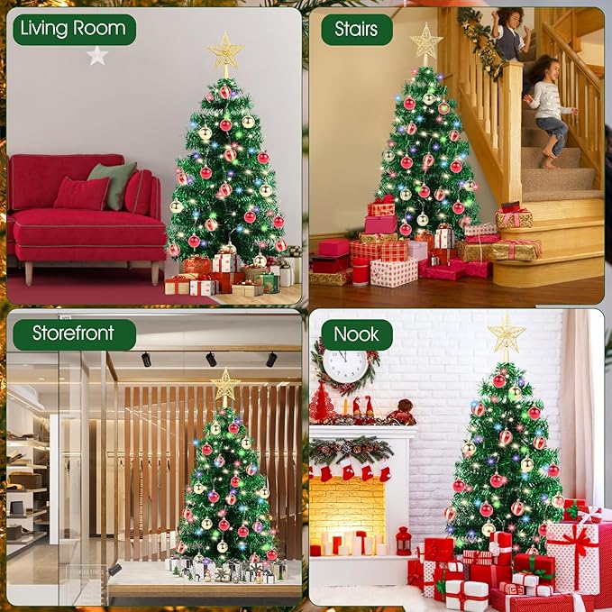 3Ft Christmas Tree with Lights, Table Christmas Tree with 50 LED 12 Modes, 3D Star, 15 Hanging Ball Ornaments, Small Prelit Xmas Tree for Tabletop, Home and Office (Green)