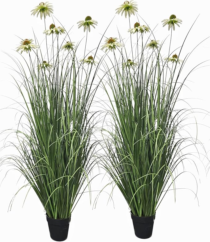 46-Inch Artificial Grass Plant with 9 Lifelike Echinacea Flower - Perfect for Indoor or Outdoor Decoration, Housewarming Gifts, Fake Grass Decor, and Floor Plant (2-Pack)