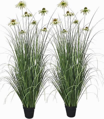 46-Inch Artificial Grass Plant with 9 Lifelike Echinacea Flower - Perfect for Indoor or Outdoor Decoration, Housewarming Gifts, Fake Grass Decor, and Floor Plant (2-Pack)