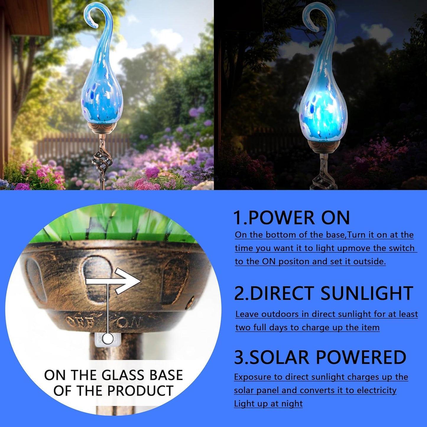 Garden Solar Lights Outdoor, Decorative LED Pearlized Glass Spiral Garden Stake with Finial, Hand Blown Glass and Metal Outdoor Decoration, 3 x 36 Inch (Light Blue)