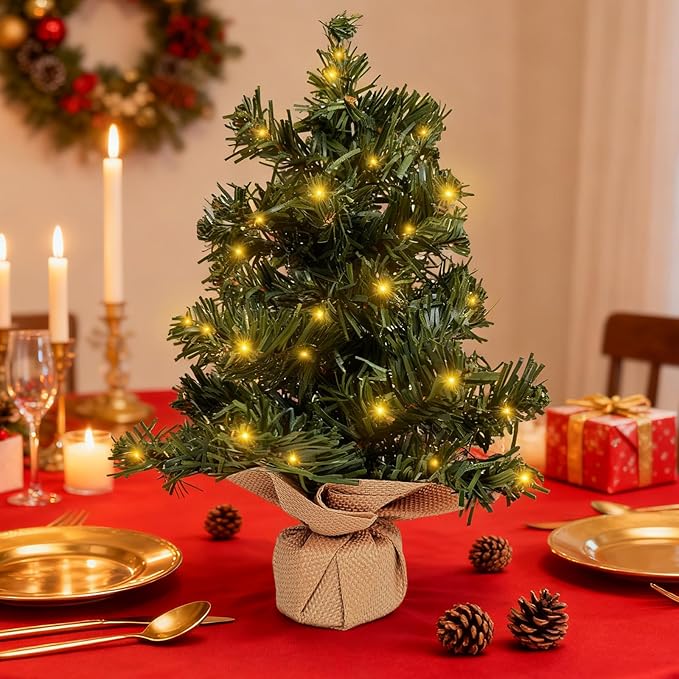 FR 12 Inch Tabletop Christmas Tree,Mini Artificial Christmas Tree,Equipped with LED Lights,Suitable for Desktop Centrepiece,Mantelpiece,Indoor DIY Christmas Decoration