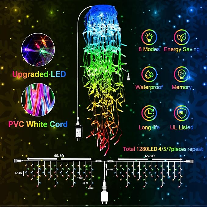 JXLEDAYY Christmas Lights Super Long 1280 LED 131 FT LED String Lights with 240 Drops Plug in 8 Modes Christmas Decoration for Holiday Wedding Party Bedroom Garden Patio Outdoor Indoor (Multicolor)