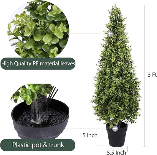 3FT Artificial Boxwood Topiary Tree Fake Topiary Potted Plants for Home Office Garden Indoor Outdoor Decoration 35INCH(2PACK)
