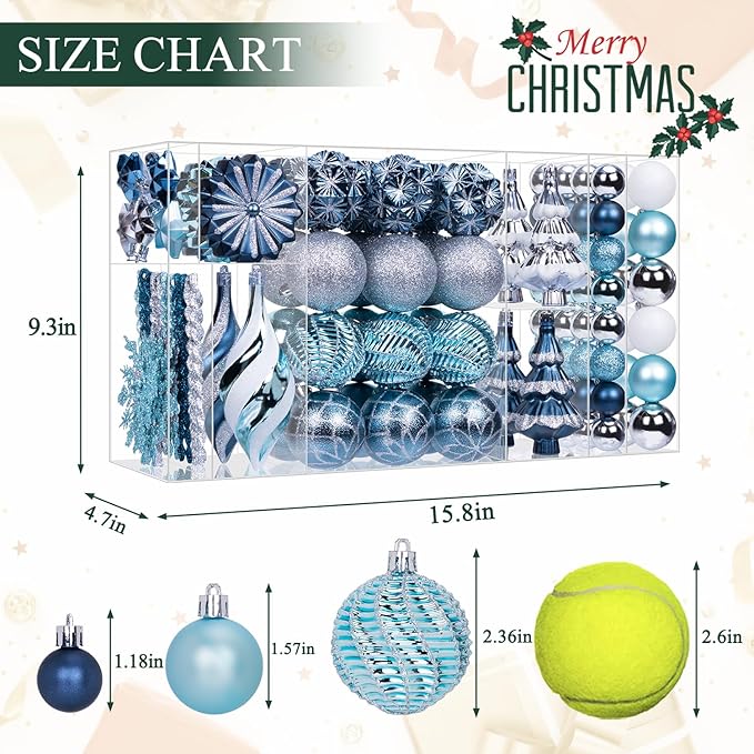 108 Pcs Christmas Ball Ornaments Set, Blue and Silver Shatterproof Hand-Painted Hanging Bulbs Bulk, Decoration for Xmas Tree, Wreath, Garland, Home Holiday Decor
