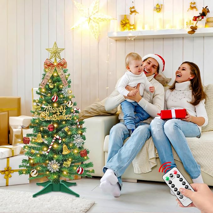 Dual Color Change 3Ft Small Christmas Tree with Timer Remote, 8 Modes 50 Warm White&Colorful Change Lights, 3D Star&44 Ornaments, Battery Operated, Mini Christmas Tree Table Indoor Holiday Party Decor