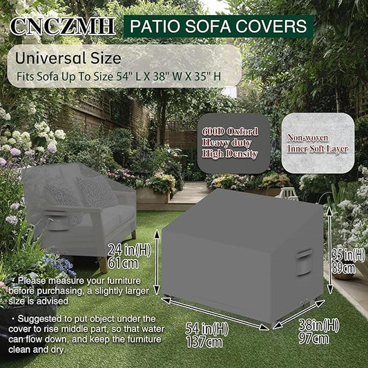 Heavy Duty Patio Sofa Covers Waterproof, Outdoor 3-Seater Couch Cover Waterproof, 600D Outdoor 2-Seater Loveseat Furniture Covers with Air Vent Handle 54''W x 38''D x 24''H/ 35''H Grey