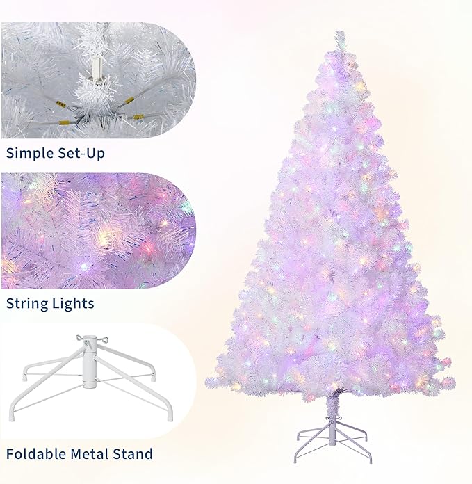GAOMON 7.5Ft Prelit Christmas Tree, White Tinsel Christmas Tree with 450 Warm White Led Lights & Sturdy Stand, Sparkle Xmas Decorations for Homes Offices, Parties, White