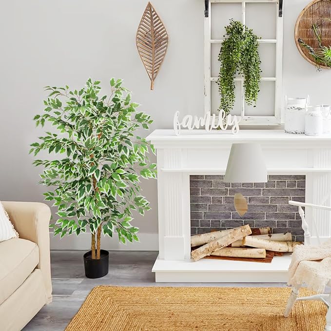 GTIDEA 5ft Ficus Tree Artificial, Tall Fake Tree with Natural Trunk Faux Trees Indoor Silk Ficus Leaves Artificial Trees for Home Decor Indoor Summer Office Living Room Outdoor (Included Dried Moss)