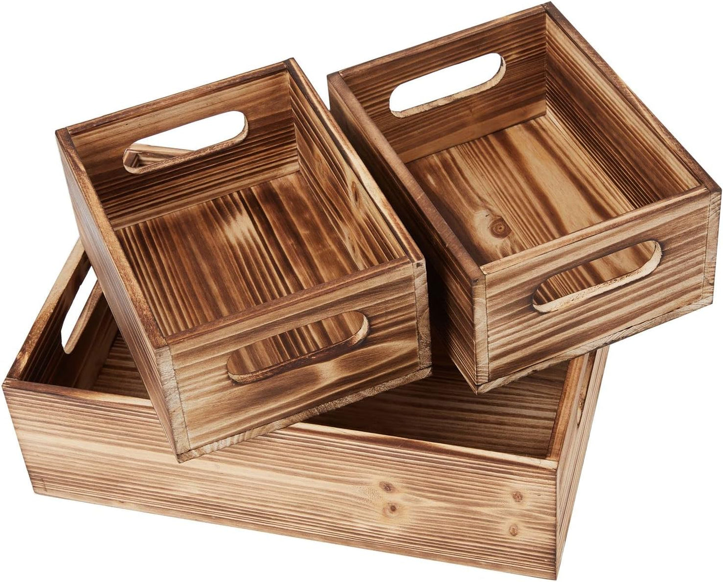 PHOENANCEE Wooden Crate Stackable Decorative Wood Crates set of 3 for Storage Display Rustic Nesting Box Basket Home Decoration Boxes Container Bin with Handles Farmhouse Decor,Solid Pine,L+M+S