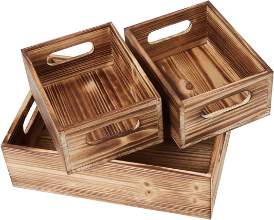 PHOENANCEE Wooden Crate Stackable Decorative Wood Crates set of 3 for Storage Display Rustic Nesting Box Basket Home Decoration Boxes Container Bin with Handles Farmhouse Decor,Solid Pine,L+M+S