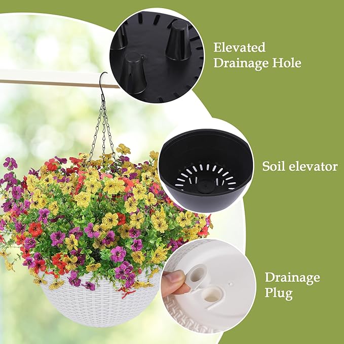 2 Sets of Artificial Hanging Plants Flowers Basket for Outdoor, 2 Sets Dry and Wet Separation Hanging Baskets, Suitable for Spring Summer Porches, Terraces, Courtyard Home Decoration