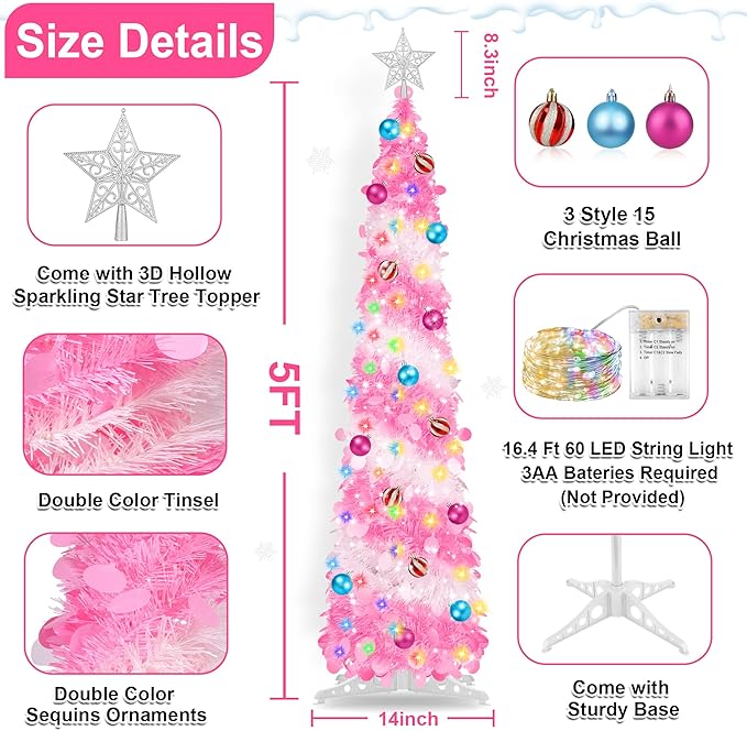 5FT Pop Up Christmas Tree with Timer 60 Warm White & Multi Color Fairy Light 3D Star 15 Ball Ornament, Pink White Tinsel Christmas Tree Slim Pencil Xmas Tree Home Office Holiday Decor Indoor Outdoor