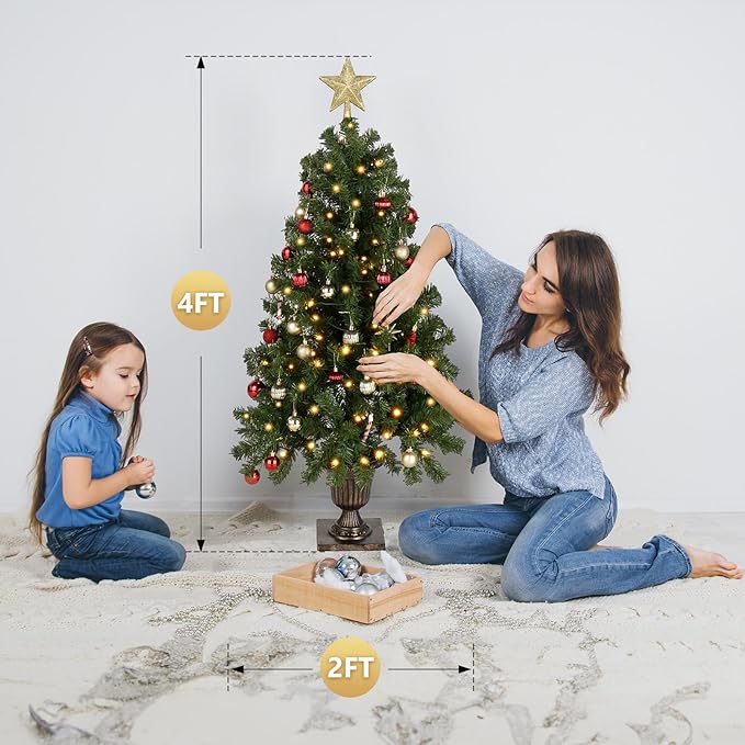 VINGLI 4ft Prelit Artificial Christmas Tree with 120 Warm White Lights, 211 Branches Tips, Xmas Entrance Tree Holiday Party Decorations