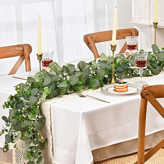 Dolicer 4 Packs 6FT Artificial Eucalyptus Garland, Faux Greenery Garland Fake Vines Hanging Silver Dollar Eucalyptus Leaves for Wedding Backdrop Arch Table Wall Party Home Decor