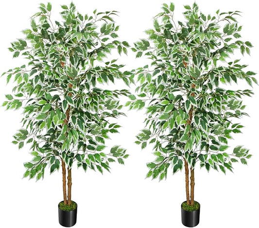 GTIDEA 2 Pcs 5ft Ficus Artificial Trees, Tall Faux Trees Indoor with Natural Trunk and Fake Silk Tree Fake Plants for Home Fall Decor Living Room Outdoor Balcony House Office (Included Dried Moss)