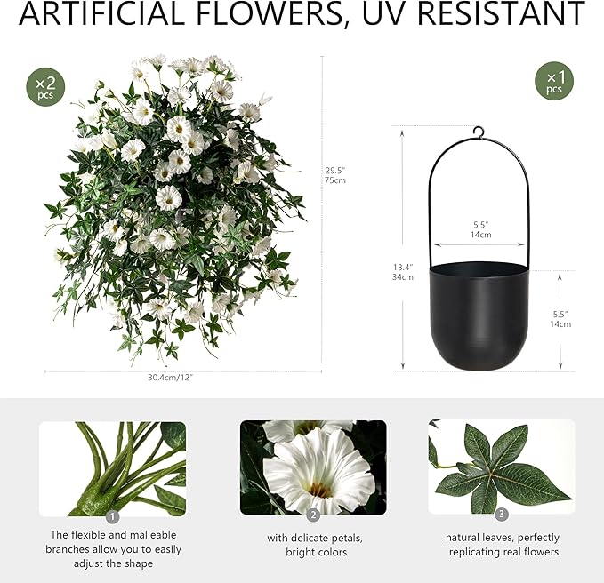 Artificial Flowers Artificial Petunias for Outdoors Artificial Hanging Plants Outdoors Silk Flowers with Stems Outdoor Flowers Uv Resistant for Porch Decor Terrace Decor（White） with Pot 2PCS