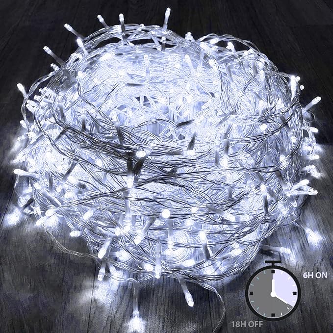 KAQ 115FT 300LED Timer Function Cool White Christmas String Lights, Indoor/Outdoor, Waterproof, 8 Modes, Clear Wire Fairy Tree Lights for Garden Patio Bedroom Christmas Decorations