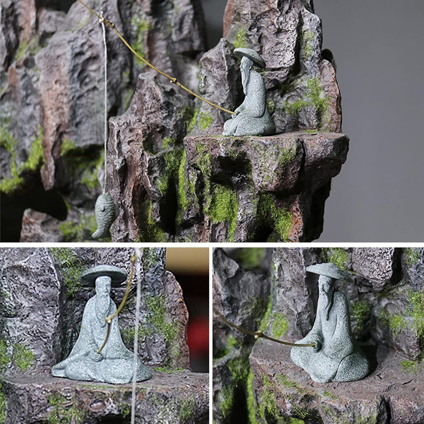 2PCS Sitting Fishing Figurines Sandstone Vintage Ornament Japanese Decor for Fish Tank Pot Garden Home Aquarium Mini Fisherman Statue Asian Zen Decoration