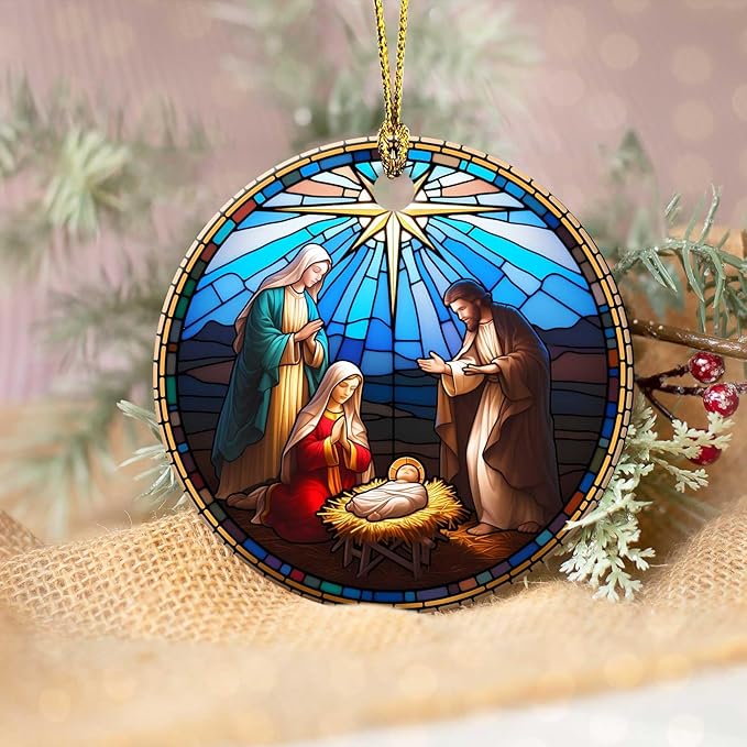 Nativity Night Ornaments Round Ceramic Stained Glass Style Birth of Jesus Christ Hanging Ornament Christmas Keepsake Decor for Xmas Tree Winter Holiday Xmas Gift for Women Men 3"
