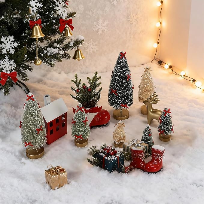 6 Pack Mini Christmas Trees, Small Miniature Frosted Bottle Brush Christmas Tree Decorations Tiny Tabletop Sisal Trees with Bows for Tiered Tray Mantel Winter Village Holiday Décor Assorted Sizes