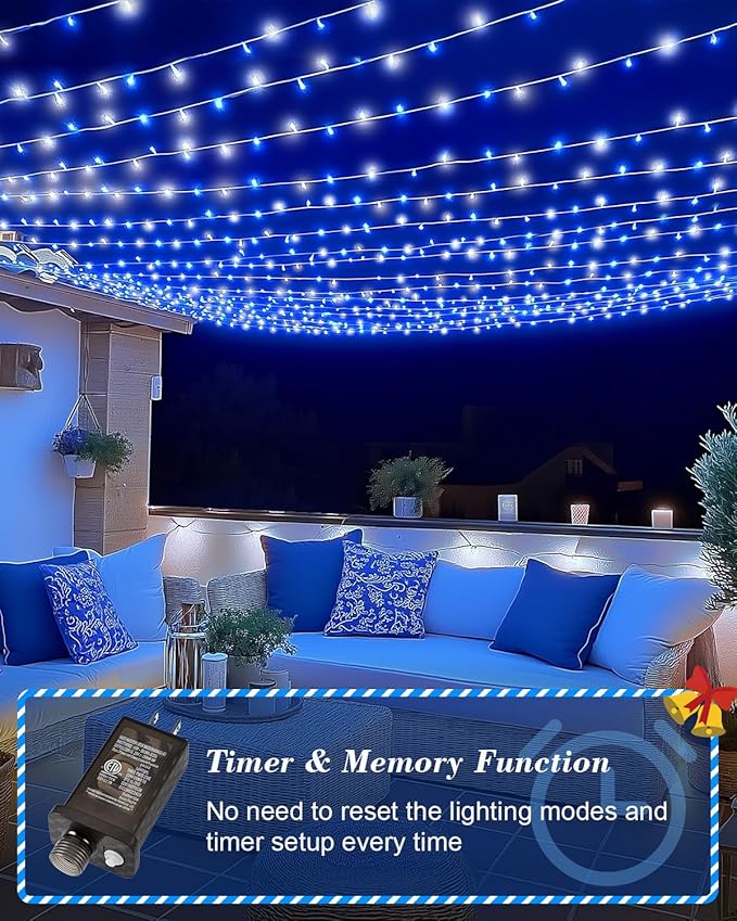 355FT 900 LED Christmas Lights, Extra Long Outdoor String Lights Waterproof, Timer & Memory, 8 Modes Dimmable Plug in Fairy Lights for Outside Tree Wedding Patry Holiday Decorations, Blue and White