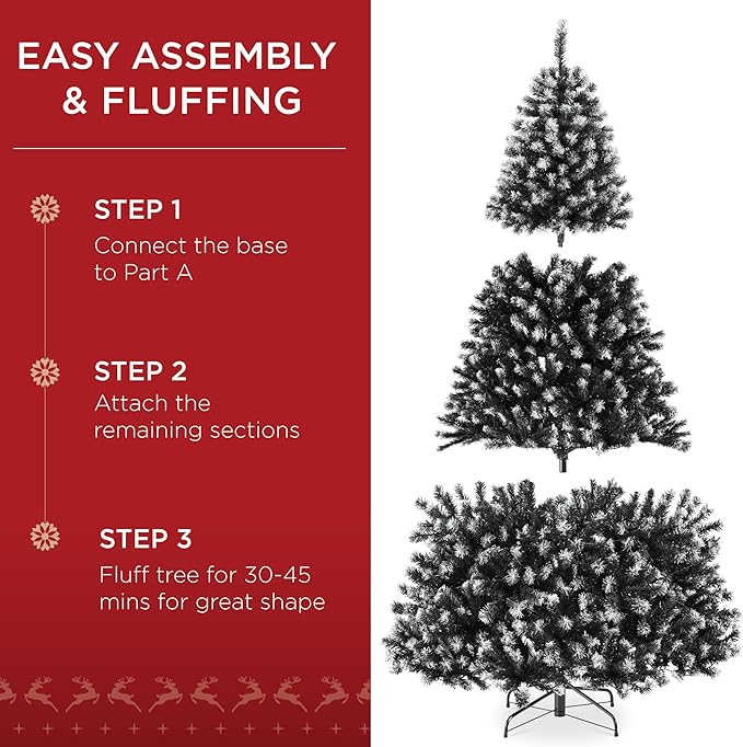 Best Choice Products Artificial Frosted Christmas Tree, 6ft Premium Pre-Lit Realistic Spruce Holiday Décor w/Dense Branches, Metal Base – Black Spruce