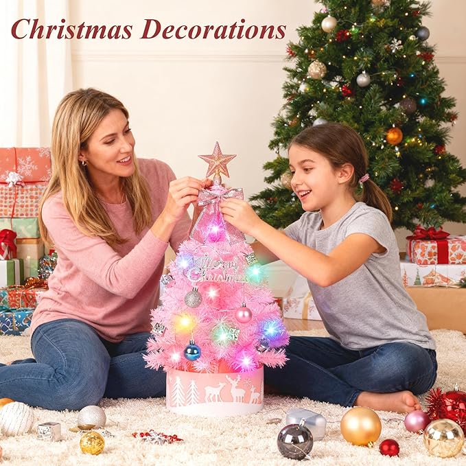 2FT Pre-lit Small Christmas Tree with Lights, Pink Small Christmas Tree with Balls & Star Topper, 3 Lighting Modes Tabletop Xmas Trees for Home, Office, Indoor Decor (Battery Not Included)