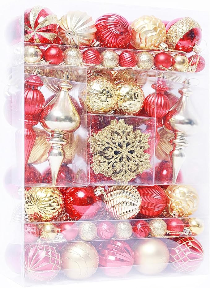 Christmas Tree Ornaments Decorations Set-116ct 1.18-6.5 Inch Assorted Red Gold Shatterproof Decorative Hanging Christmas Ball Ornaments Bulk,Xmas Tree Tabletop Decorations for Holiday Decor