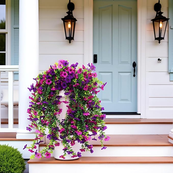 2 Packs Artificial Hanging Fake Flowers for Outdoors UV Fade Resistant Plastic Faux Plants Outside 30 inch 132 Stems Daisy Eucalyptus for Gardens Patio Porch Yard Indoor Home Decorations