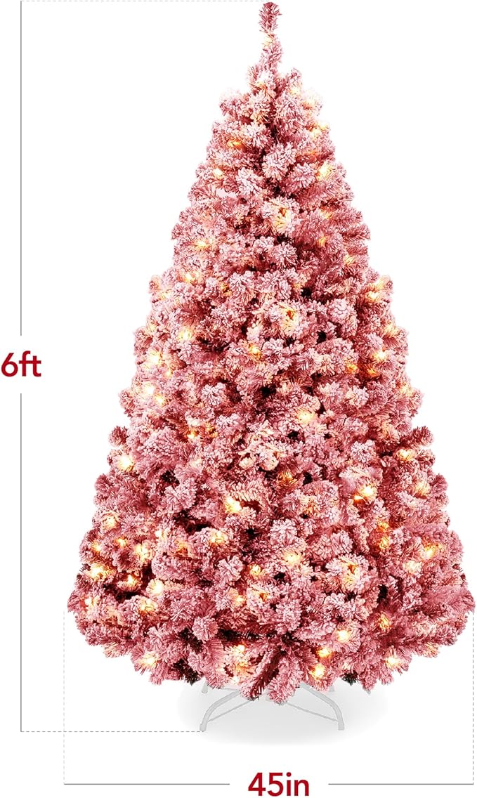 Best Choice Products Pre-Lit Red Christmas Tree, 6ft Artificial Flocked Full Fir Tree, Holiday Decoration w/ 250 Lights, 928 Branch Tips