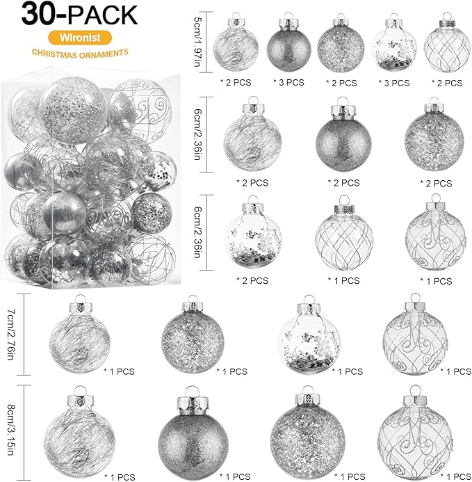 Wironlst Christmas Ball Ornaments Shatterproof Clear Large Plastic Hanging Ball Decorative Baubles Set with Stuffed Delicate Decorations (Multi-Size, Silver)