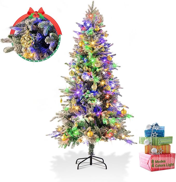 6ft Prelit Artificial Christmas Tree with 200 Multi-Color LED, 4 Color 8 Mode, Flocked Hinged Xmas Tree with 1000 Realistic Branches & Pinecones, Easy Assembly for Home Holiday Decoration