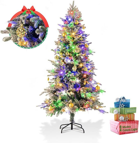 6ft Prelit Artificial Christmas Tree with 200 Multi-Color LED, 4 Color 8 Mode, Flocked Hinged Xmas Tree with 1000 Realistic Branches & Pinecones, Easy Assembly for Home Holiday Decoration