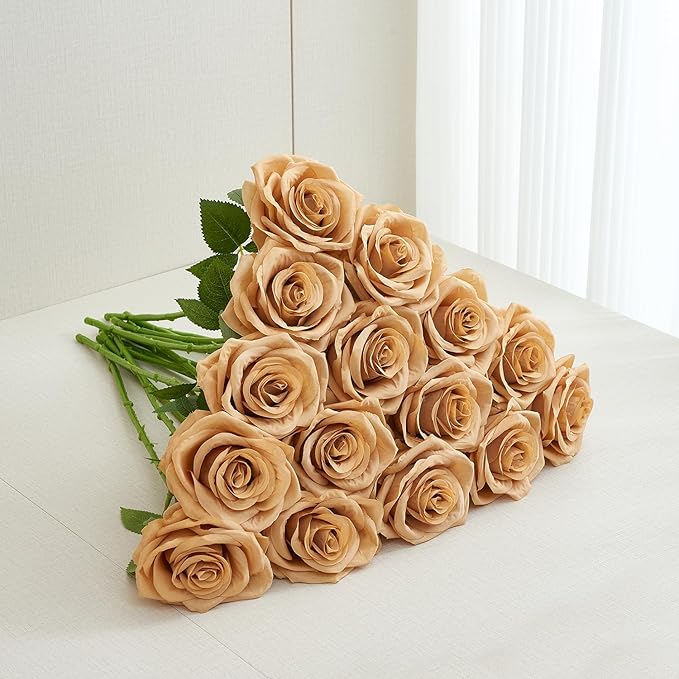 15pcs Fake Roses Artificial Silk Flowers Faux Rose Flower Long Stems Bouquet for Arrangement Wedding Centerpiece Party Home Kitchen Decor