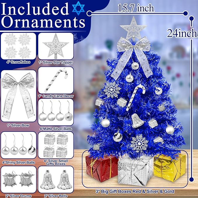 Timer - Hanukkah Decorations 24 Inch/2 FT Blue Tabletop Christmas Tree with Lights, 20 Warm White Lights 8 Mode, 27 Orantment Star Boxes Mini Small Christmas Tree Home Party Table Xmas Hanukkah Decor