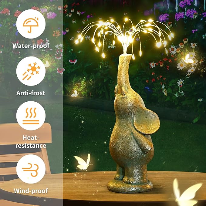 Elephant Statue Outdoor Solar Lights Garden Sculpture, 60 LED Chips Birthday Gift Women,Mothers,and Elders. Ornamental Piece for Balconies, Gardens, patios, courtyards, and lawns