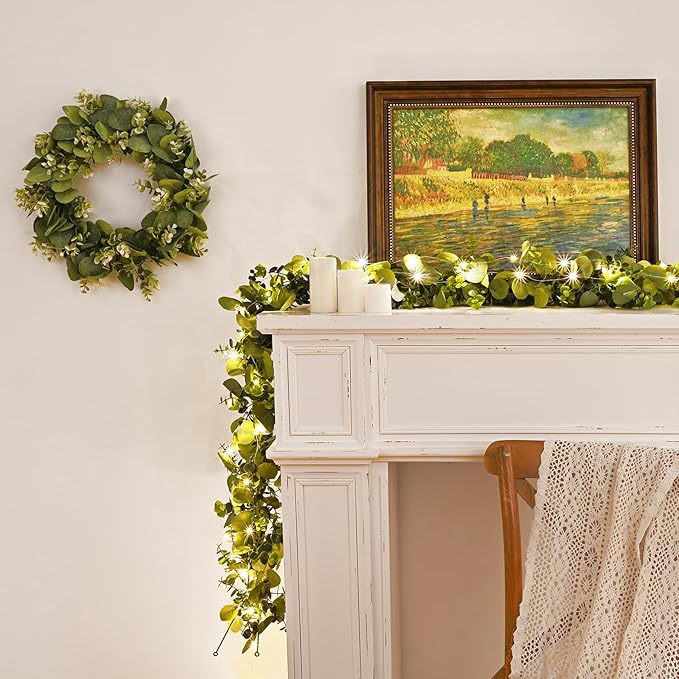 Dolicer 4 Packs 6FT Artificial Eucalyptus Garland with LED Light String, Faux Greenery Garland Hanging Fake Silver Dollar Eucalyptus Leaves Vines for Wedding Backdrop Arch Table Wall Party Home Decor