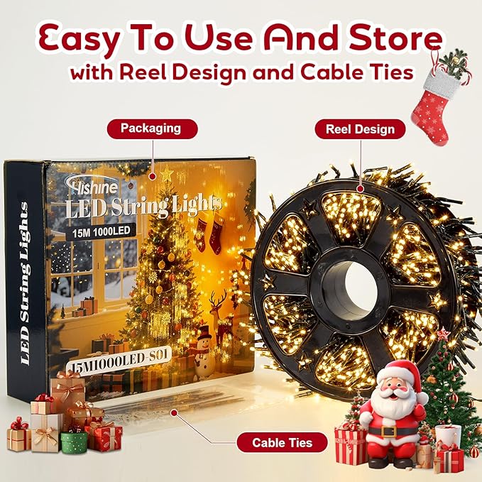 Hishine 49FT 1000LED Christmas Lights Outdoor, String Lights Indoor 8 Modes Waterproof Plug in Christmas Tree Light for Holiday, Warm White