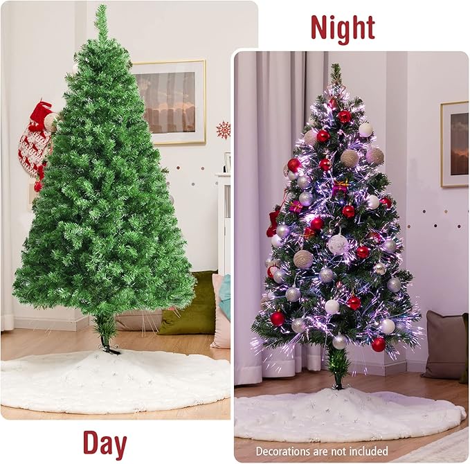 HAPPYGRILL 5FT Pre-lit Fiber Optic Christmas Tree with 449 Branch Tips, New PVC Leaves, Life-Like Artificial Xmas Tree with Folding Metal Stand