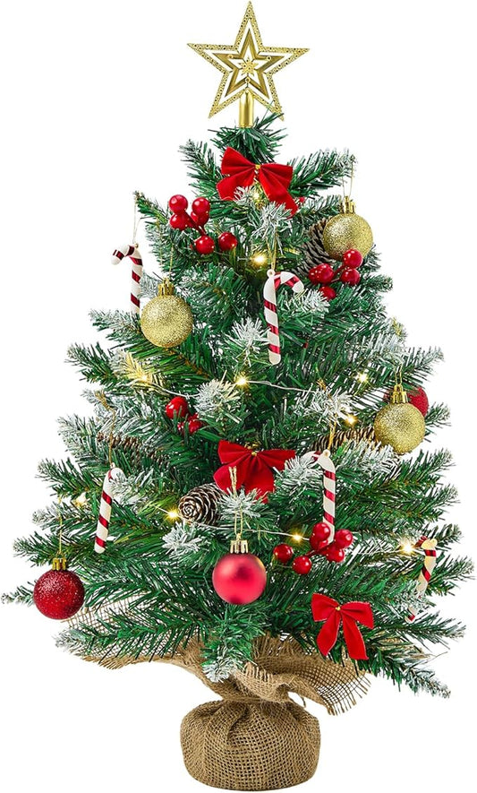 Small Christmas Tree with LED Lights, 2ft Table Top Christmas Tree with Burlap Bag Base and Star Tree Topper, 24 in Mini Tabletop Xmas Tree for Table Desk Home Christmas Decorations