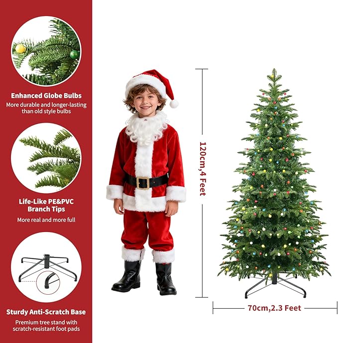 4FT Christmas Tree with LED Lights Pre-Lit, Premium Artificial Christmas Tree with String Lights, Decorated Xmas Tree with Metal Stands for Indoor Seasonal Holiday Home Office Party, ETL Listed