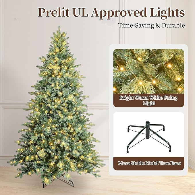 Prelit Artificial Christmas Tree 7ft, Blue Spruce Christmas Tree with 500 Led Lights, 1685 Branches, Metal Tree Stand for Home Office Mall Holiday Decorations