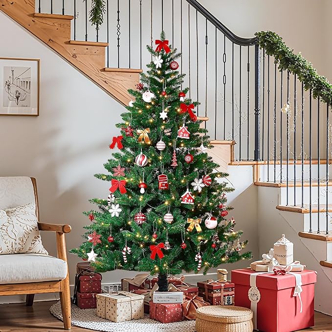 SHareconn 80ct Christmas Balls Ornaments Set, Shatterproof Plastic Colorful Xmas Decorative, Baubles for Tree Decorations with Hanging Strings, Red & White