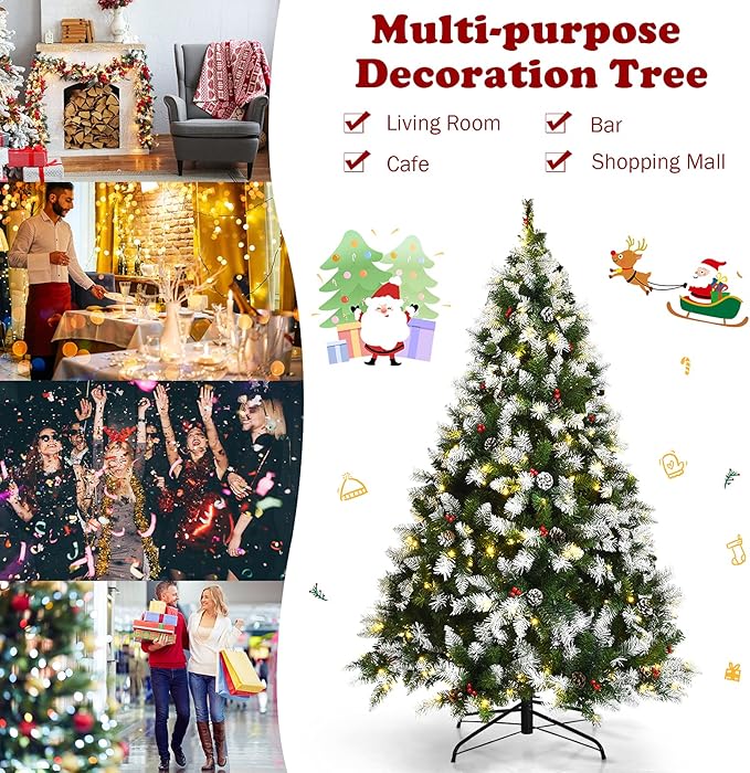 Happygrill 6ft Pre-lit Snowy Christmas Tree Pre-Strung Xmas Decoration Tree with 250 Warm White LED Lights & 818 PVC Tips, 8 Lighting Modes, Hinged Artificial Tree for Residential Commercial Use