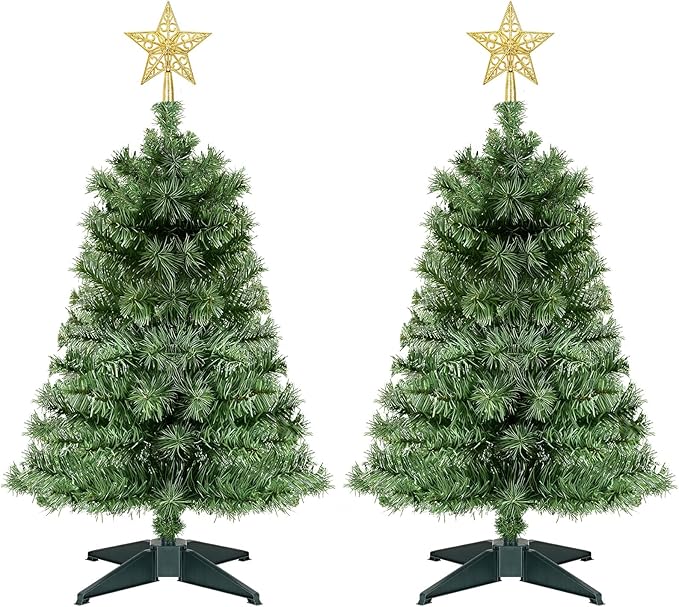 2 Pack 3 Ft Artificial Christmas Tree for Tabletop, Mini Xmas Tree with 4-Leg Stable Base for Indoor Outdoor Holiday Home Party Christmas Decorations (Green)