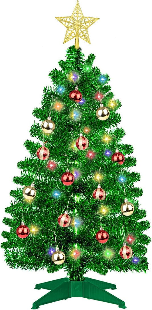 3 Ft Green Tinsel Christmas Tree Dual Color Change 12 Modes Timer DIY 50 Warm White & Multicolor Lights Star 15 Ball Ornaments Small Artificial Full Xmas Tree Battery Operated Table Home Indoor